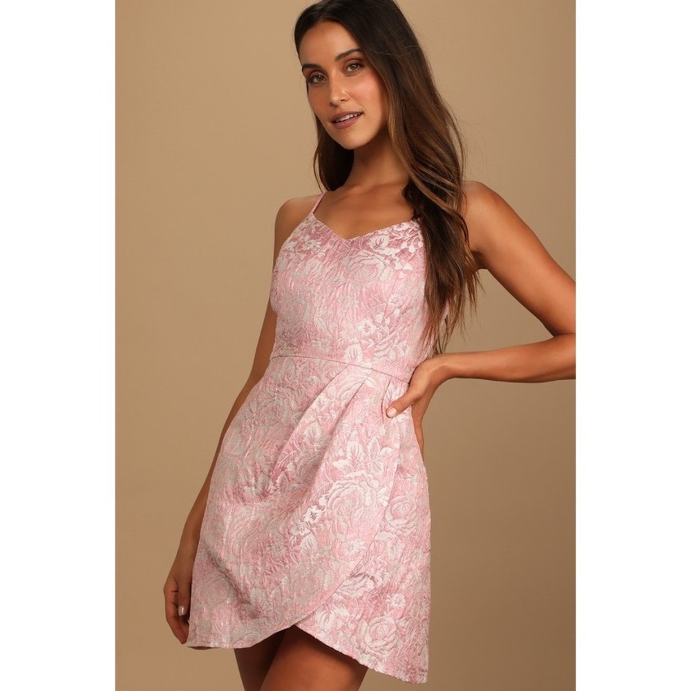 Lulus Start This Party Rose Pink Floral Jacquard Tulip Mini Dress - Size XS